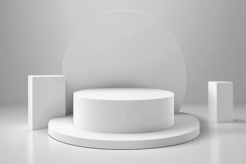 Abstract white 3D room with realistic white cylinder pedestal podium set. Minimal scene for product display presentation. Generative Ai