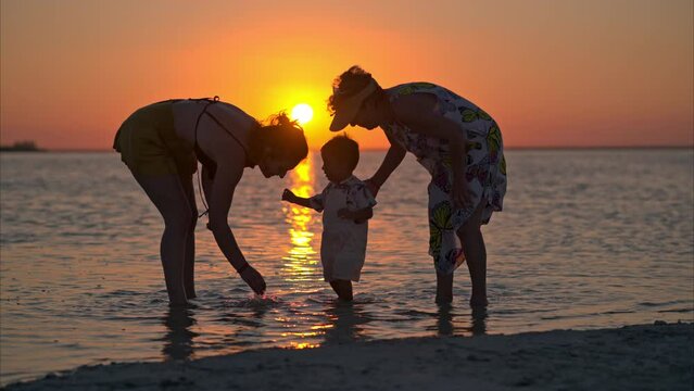 Woman looking for seashells and showing them to her son and his grandmother in shallow waters at sunset