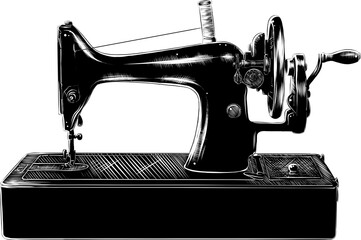 PNG engraved style illustration for posters, decoration and print. Hand drawn sketch of sewing machine in monochrome isolated on white background. Detailed vintage woodcut style drawing.	
