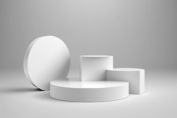 Abstract white 3D room with realistic white cylinder pedestal podium set. Minimal scene for product display presentation. Generative Ai