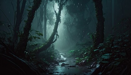 Fototapeta Dense Raining Forest Landscape Wallpaper Generated AI HD 4K obraz