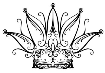 Narrenkappe Karneval Fasching Krone. Schwarze Königskrone mit filigranen Ornamenten und floralen Verzierungen Vektorillustration.