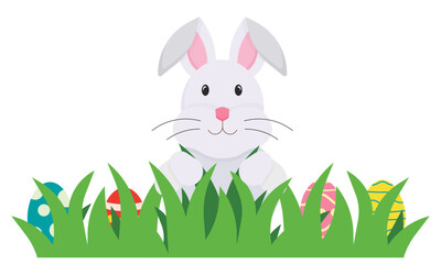 Easter bunny hiding eggs in the grass. 