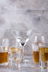 Assortment of various strong alcohol drinks