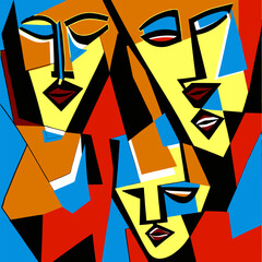 Digital art. Modern. Poster. Faces of girl or woman. Digital painting. Contemporary art. Expressionism. Cubism. Beautiful woman portrait. Abstract fashion illustration. Picture for interior, in room.