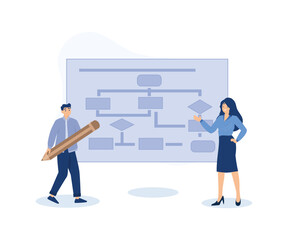 Business process, strategy to implement concept, business people drawing workflow process. modern flat vector illustration