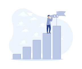 Vision to see next goal,challenge to be better and achieve success concept, confidence businessman step on rise up graph look for next goal. modern flat vector illustration