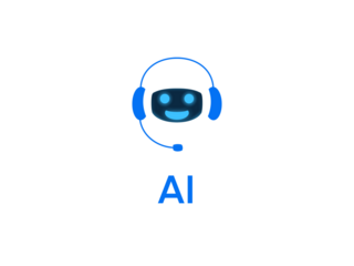 AI Chat Bot icon transparent png asset. Cute robot with microphone and headset. Artificial intelligence personal assistant floating cartoon illustration with transparent background. White blue robot
