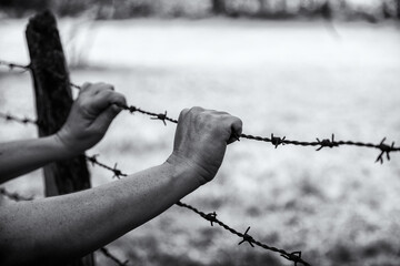 Hands on a barbed wire