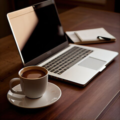 A cup of tea sits next to a laptop and a notebook on a wooden table, conveying a cozy and productive home office concept