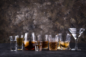 Assortment of various strong alcohol drinks
