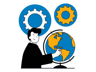 Education concept with character situation. Teacher points to globe and explains new material at geography lesson in class at school. Illustrations with people scene in flat design for web