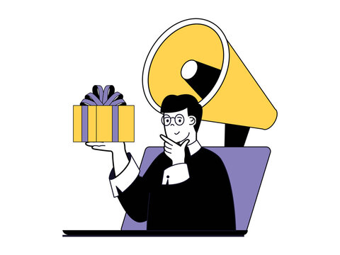 Digital marketing concept with character situation. Man makes advertising campaign with gifts for active users, promotes business online. Illustrations with people scene in flat design for web