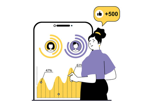 Digital marketing concept with character situation. Woman analyzes data and business audience growth, creates advertising promo content. Illustrations with people scene in flat design for web