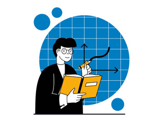 Education concept with character situation. Teacher with textbook explaining new material to pupils at math or geometry lesson at school. Illustrations with people scene in flat design for web