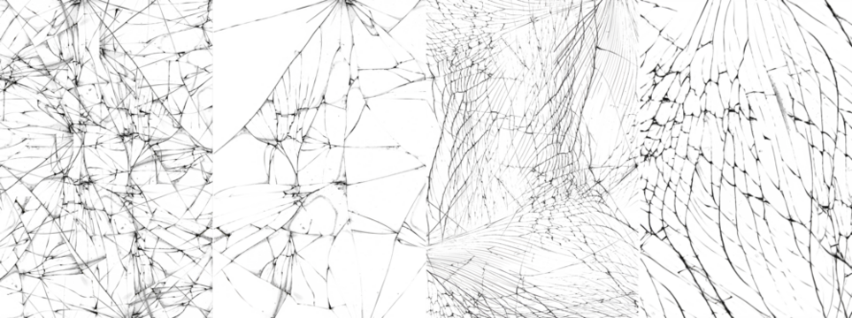 Cracked Glass Textures for Creative Design Projects: Smartphone Glass, Protective Shields, and More. Set of photos with cracks.