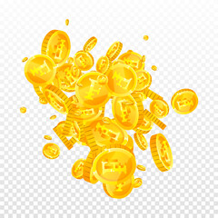 Swiss franc coins falling. Gold scattered CHF