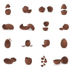 Set of broken chocolate Easter eggs on white background