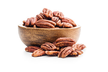 Peeled pecan nuts in bowl isolated on white background. - obrazy, fototapety, plakaty