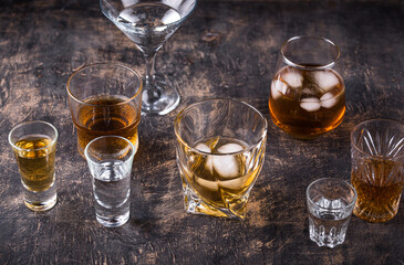 Assortment of various strong alcohol drinks