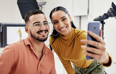Couple, phone selfie and film studio for smile, camera and vision for fashion, magazine and app....