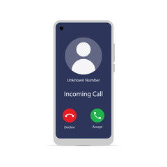 Unknown number calling smartphone screen mockup, unknown caller incoming call. Decline or accept an incoming call vector illustration in flat style design isolated on white background. Vector file.
