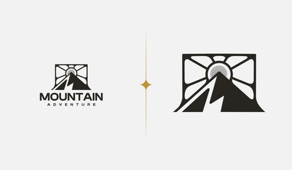Mountain Hill Top Sun Rays monoline. Universal creative premium symbol. Vector sign icon logo template. Vector illustration