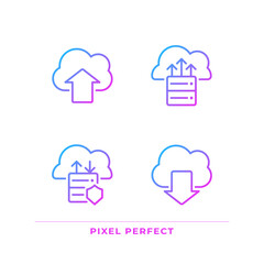 Data exchange via cloud resources pixel perfect gradient linear vector icons set. Upload and download files. Thin line contour symbol designs bundle. Isolated outline illustrations collection