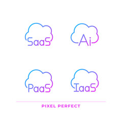 Structure of cloud computing pixel perfect gradient linear vector icons set. Virtual services for data. Thin line contour symbol designs bundle. Isolated outline illustrations collection