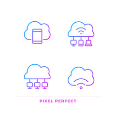 Connect devices to cloud based servers pixel perfect gradient linear vector icons set. Share data via internet. Thin line contour symbol designs bundle. Isolated outline illustrations collection