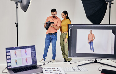 Collaboration, photographer and startup people in studio set with camera for shoot, magazine...