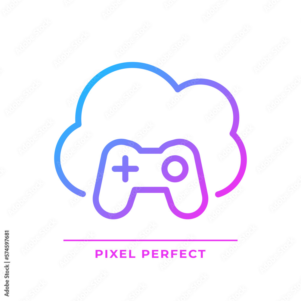 Poster cloud gaming pixel perfect gradient linear vector icon. play video games on virtual server. amusemen