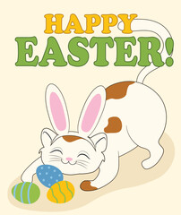 Cute Easter greeting card with funny cat and painted eggs