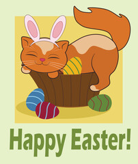 Cute Easter greeting card with funny cat and painted eggs