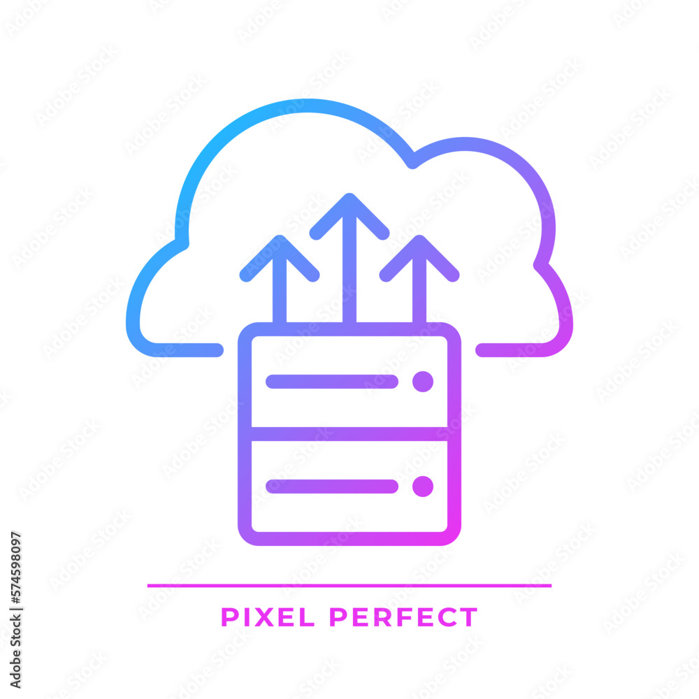 Poster cloud backup pixel perfect gradient linear vector icon. remote server for digital data. save importa