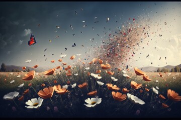 Fototapeta na wymiar Immerse yourself in this world of petals and butterflies, where boundless beauty and joy are boundless, a meadow of flowers, summer, heat, sun, picturesque view, blue sky. Art concept. AI