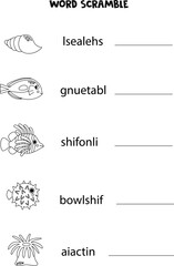 Puzzle for kids. Word scramble for children. Black and white sea animals.