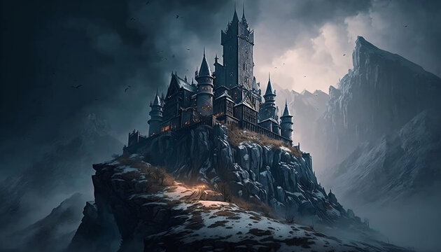 An epic midievial castle on a mountan, A hogwart type castle, a ominus castle on a mountain