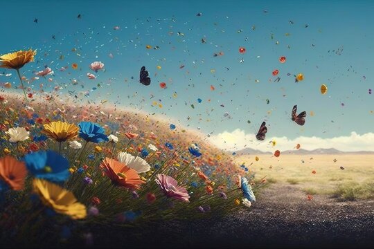 The field is like a dream - multi-colored petals and butterflies that float in the air. Here we will find peace and beauty, picturesque view, art, bright saturated colors. Nature concept. AI