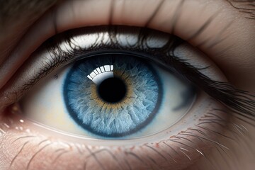 Fototapeta na wymiar Female blue eye. beautiful, realistic, zoom, close-up, high resolution, woman, eyebrow, cilia, human, eyesight, iris, bright, generated, look, saturated, eyeball, realism, makeup. Art concept. AI