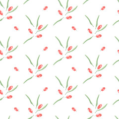 Seamless pattern of branches with red berries and leaves on a white background. Vector simple barberry ornament.