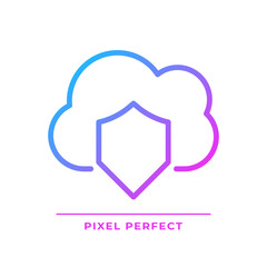 Cloud security pixel perfect gradient linear vector icon. Internet dataset protection. Safe information storage online. Thin line color symbol. Modern style pictogram. Vector isolated outline drawing