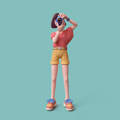 Cute kawaii funny asian brunette k-pop photographer girl in fashion casual clothes yellow shorts, red t-shirt, sneakers stands holding blue camera in hands takes photos. 3d render on light turquoise.