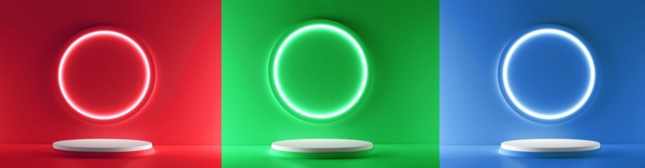 Set of blue, green and red realistic 3d cylinder pedestal podium with circle neon lamp background. Abstract 3d rendering geometric forms. Minimal scene. Stage showcase, Mockup product display.
