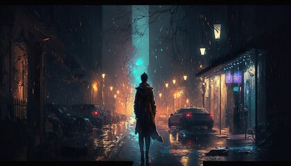 Persona che cammina nella strada illuminata nel buio della notte