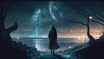 Persona che cammina nel buio della notte, sullo sfondo la luna e la città illuminata - obrazy, fototapety, plakaty