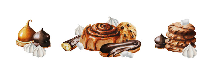 Watercolor set of compositions with cinnamon bun, biscuits, marshmallows in chocolate, meringue, eclair, cholocate cookies, orange souffl. Hand painting sweet on a white isolated background. For