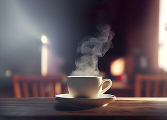 Coffee cup with hot smoke on table - 574599299