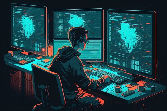 Young Programmer At The Computer. High Resolution, Cyberpunk, Style, Design, Skills, Training, Look For Vulnerabilities, Characteristics, Productivity, Remotely, Workplace. Technology Concept. AI