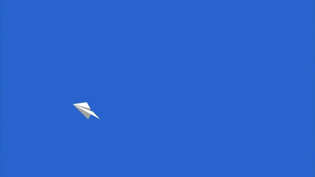 3D Paper Plane Flying to the Camera on Blue Background. Illustration animation